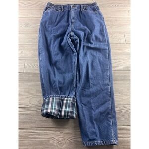 LL Bean Flannel Lined Jeans Womens 18 Reg Relaxed Fit Blue Plaid Denim 273553